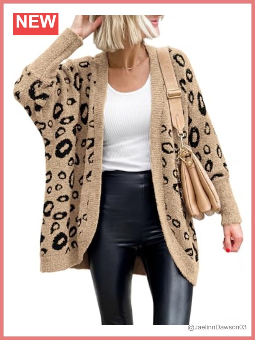 Leopard Print Knit Cardigan Batwing Sleeve Open Front Pockets Fall Sweater